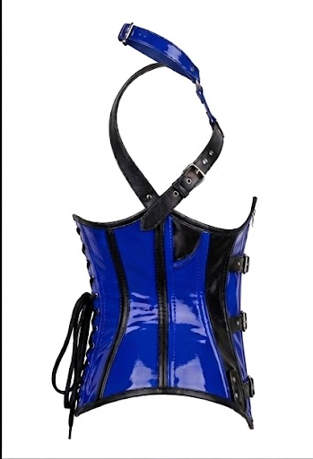 Blue and Black PVC Halter Neck Corset with Buckle Straps