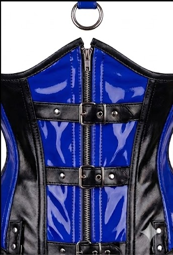 Blue and Black PVC Halter Neck Corset with Buckle Straps