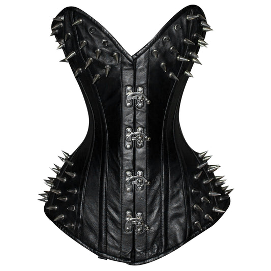 Handmade Black Spiked Steampunk Leather Steel Boned Overbust Corset