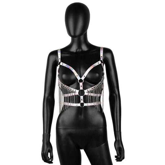 White Iridescent Leather Harness with Chain Fringe
