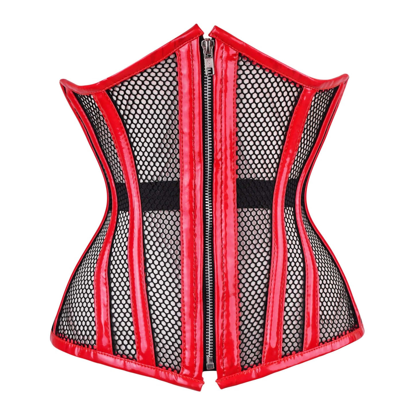 Red and Black Mesh & Leather Overbust Corset
