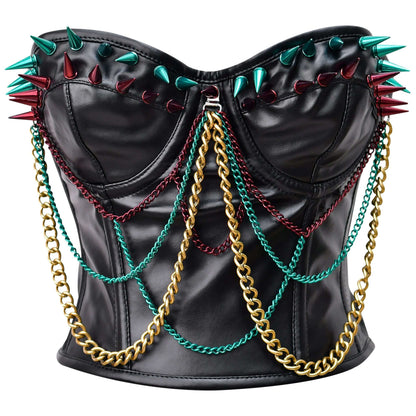 Steampunk steel boned faux leather bustier with bullet spikes, offering waist reduction and back support, perfect for creating a flattering silhouette.