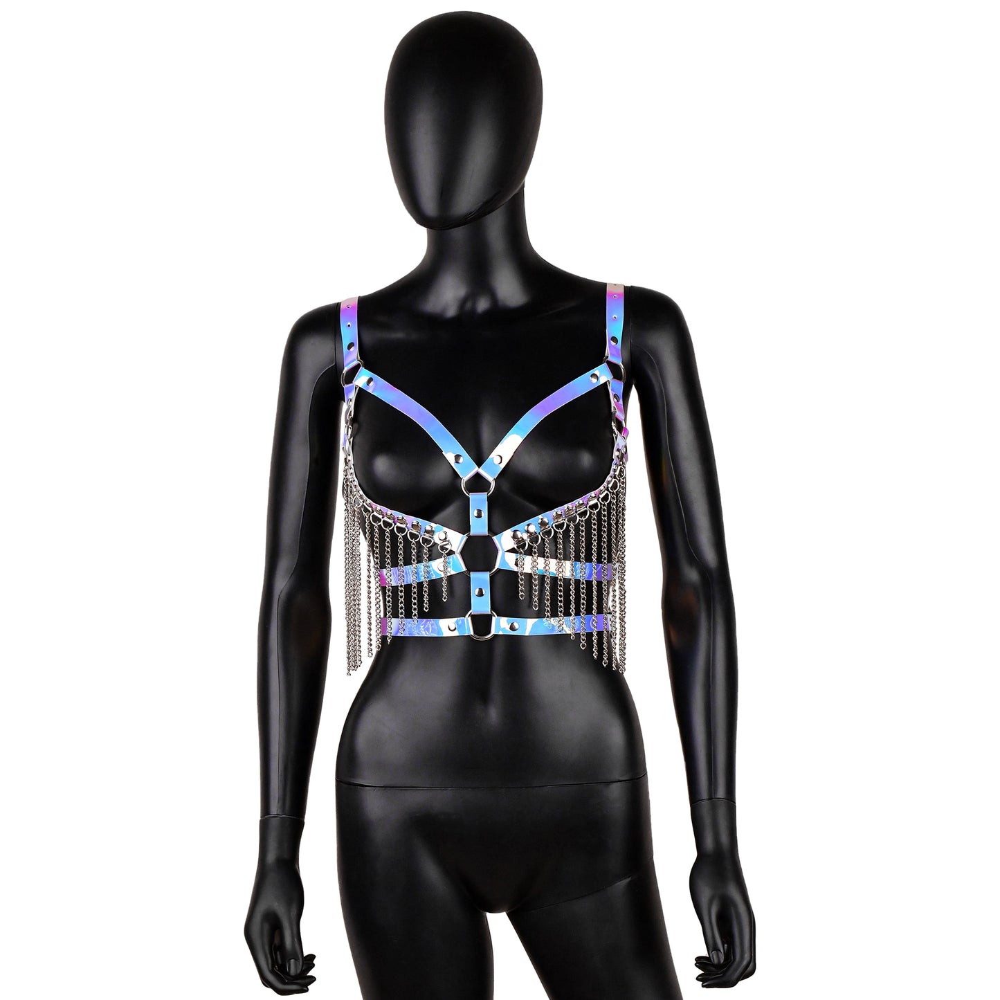 Holographic Leather Harness with Chain Fringe