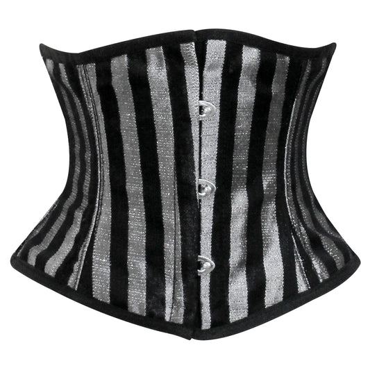 Handmade Silver Black Brocade Steel Boned Mini Cincher Corset