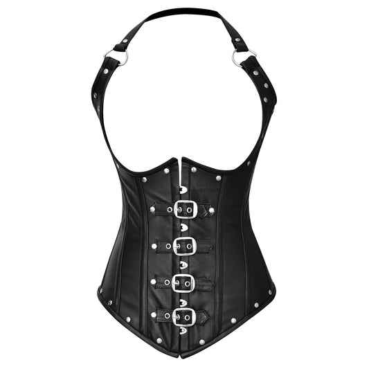 Black Steampunk Leather Steel Boned Underbust Corset