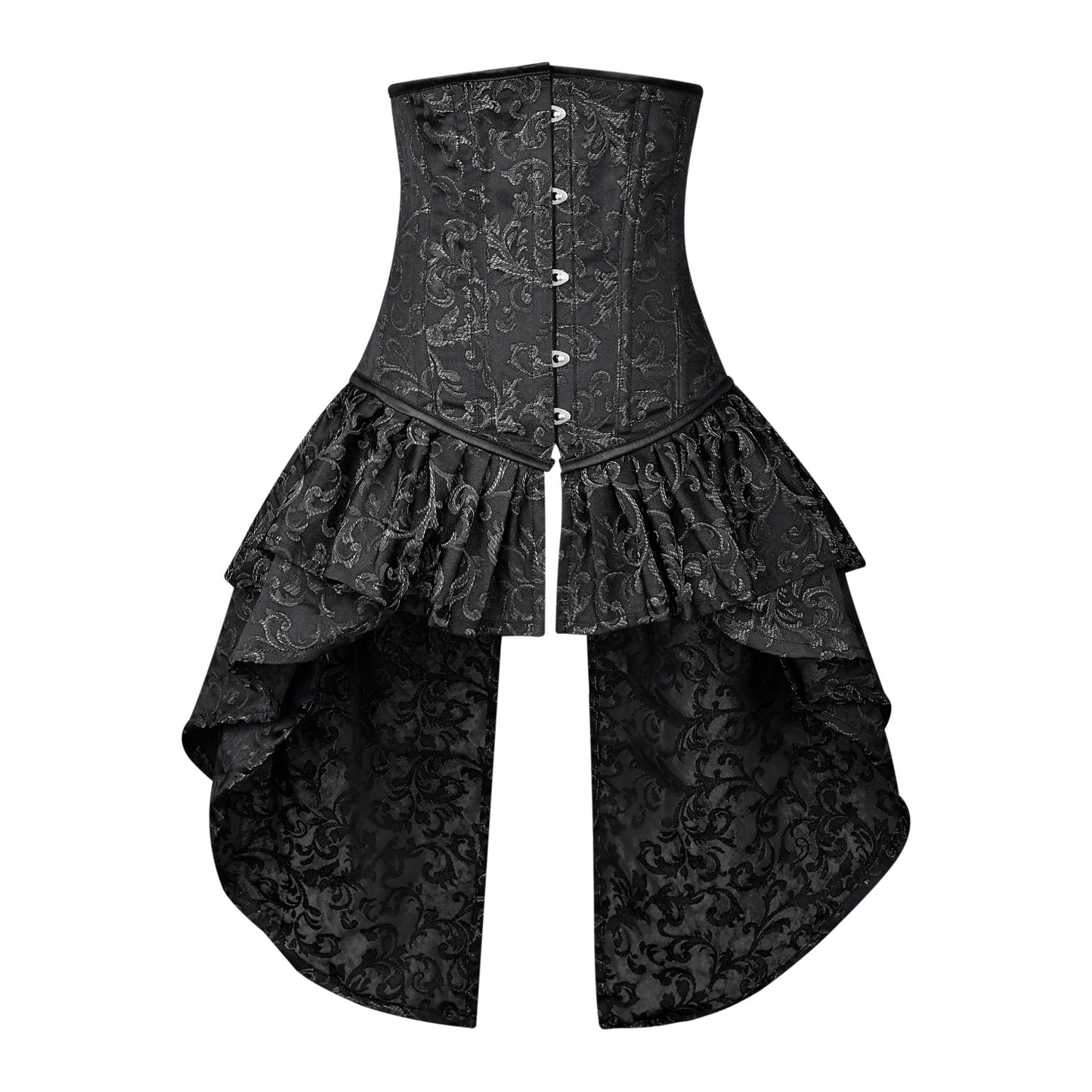 Black and Silver Victorian Brocade Overbust Corset with Bustle Skirt