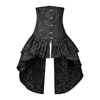 Black and Silver Victorian Brocade Overbust Corset with Bustle Skirt