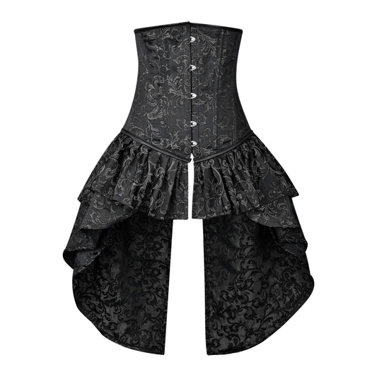 Black and Silver Victorian Brocade Overbust Corset with Bustle Skirt