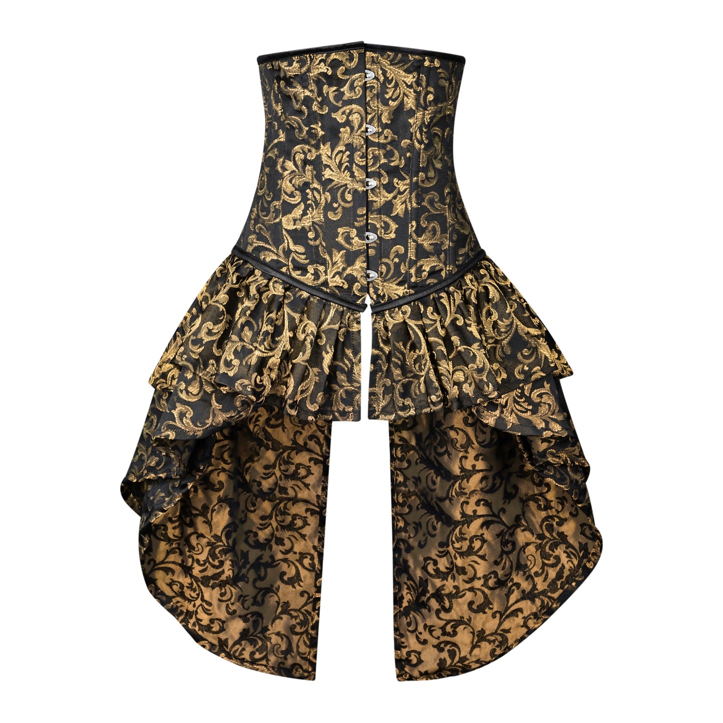 Gold and Black Victorian Brocade Overbust Corset with Bustle Skirt