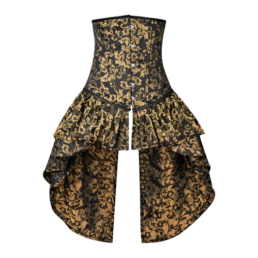 Gold and Black Victorian Brocade Overbust Corset with Bustle Skirt