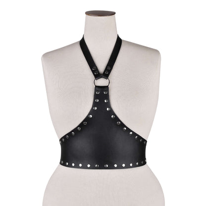 Black Studded Leather Halter Harness Top
