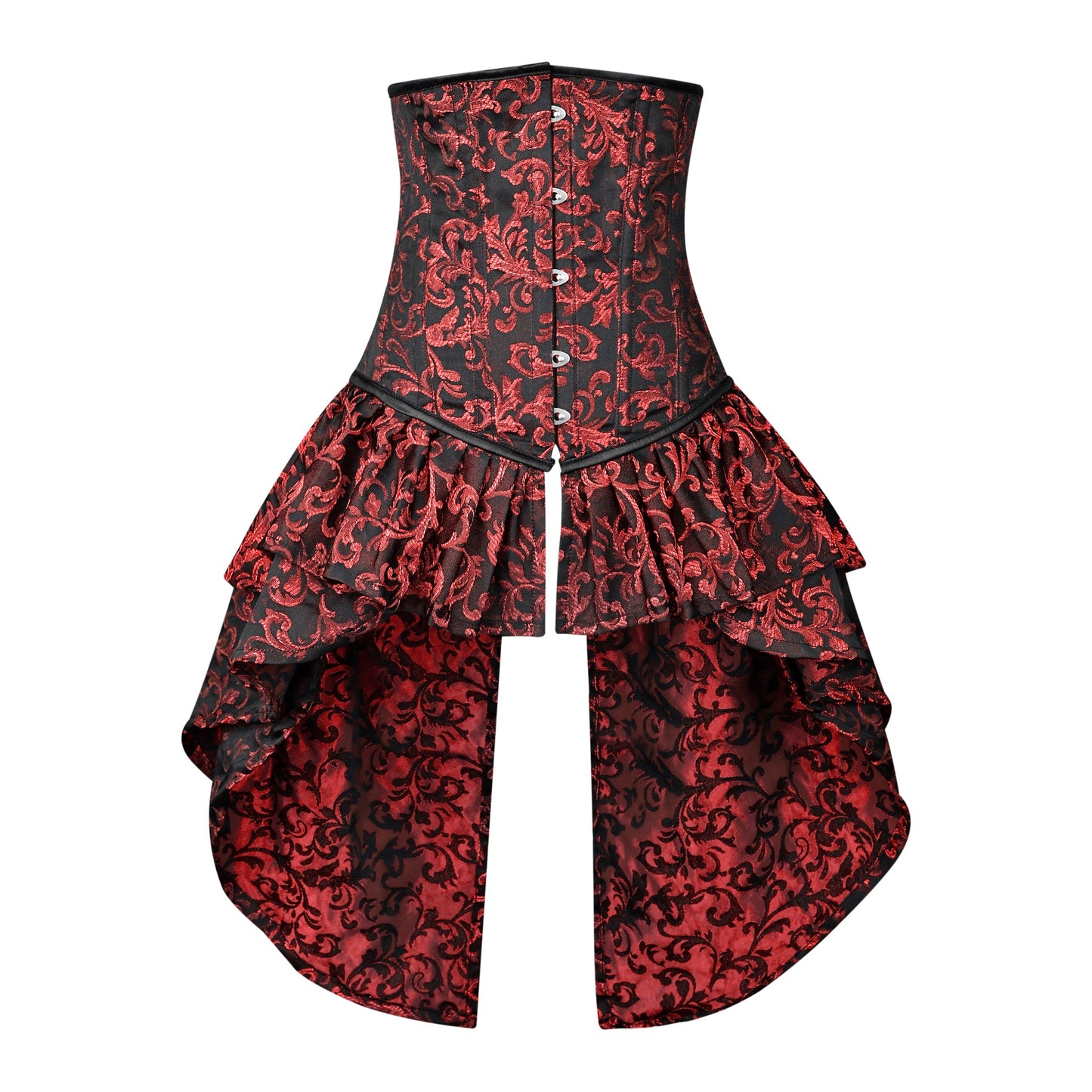 Red and Black Victorian Brocade Overbust Corset with Bustle Skirt
