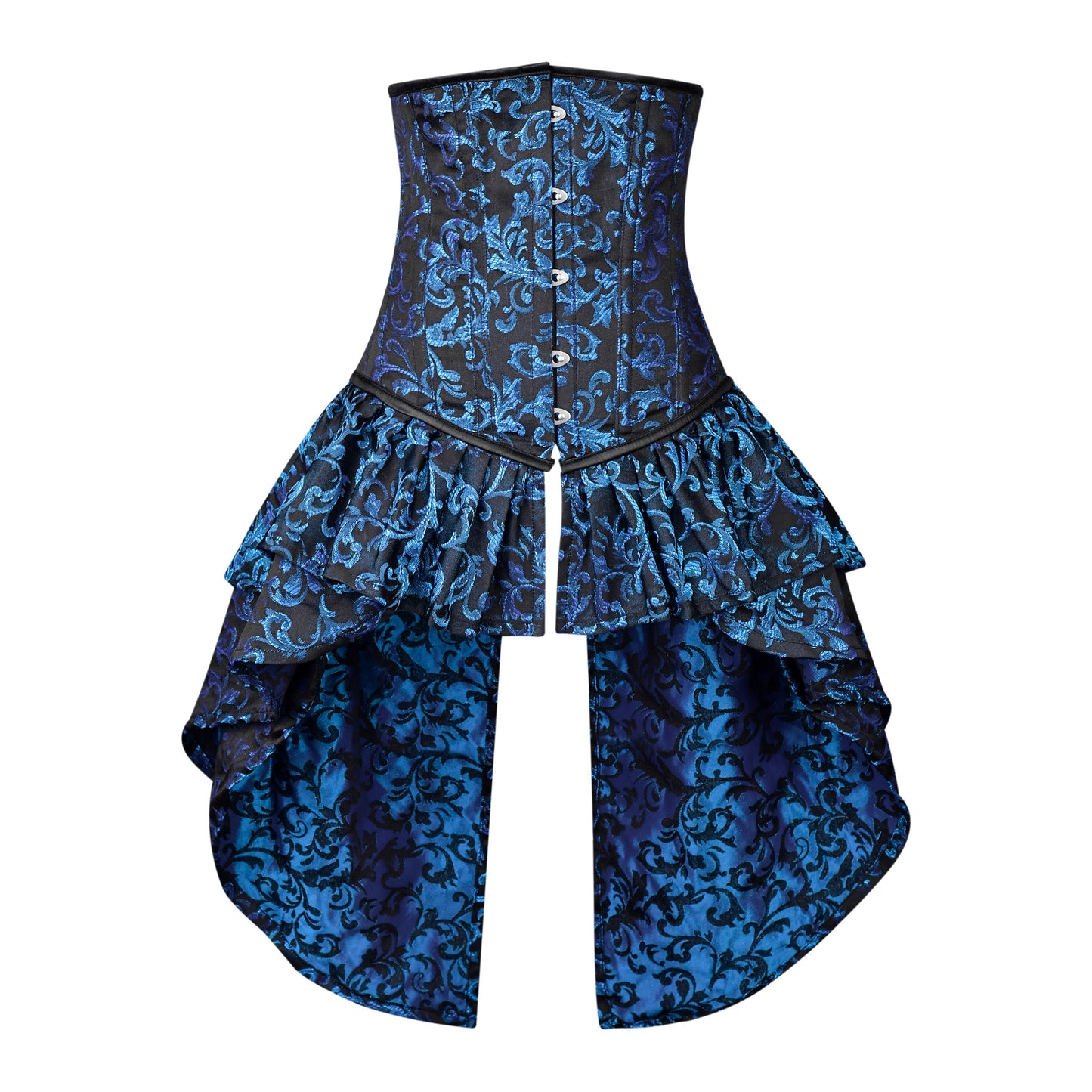 Blue and Black Victorian Brocade Overbust Corset with Bustle Skirt