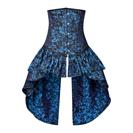 Blue and Black Victorian Brocade Overbust Corset with Bustle Skirt