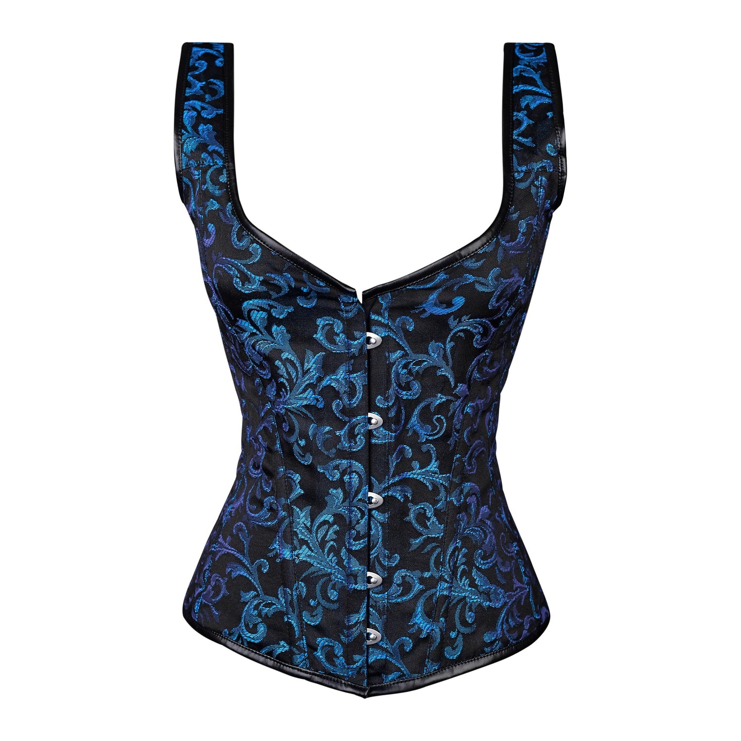 Blue Brocade Corset with Front Busk Closure