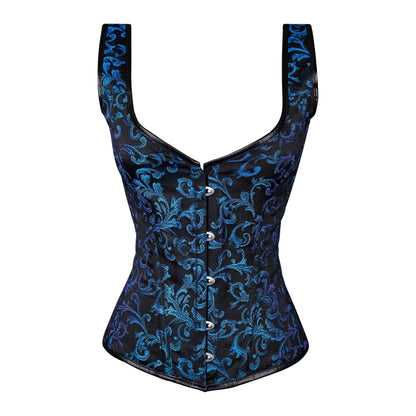 Blue Brocade Corset with Front Busk Closure