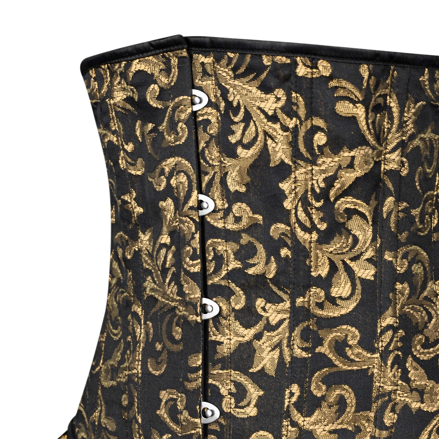 Gold and Black Victorian Brocade Overbust Corset with Bustle Skirt