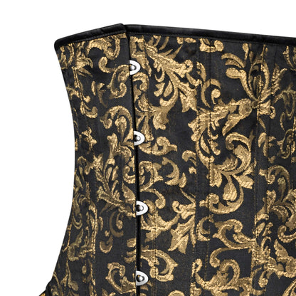 Gold and Black Victorian Brocade Overbust Corset with Bustle Skirt