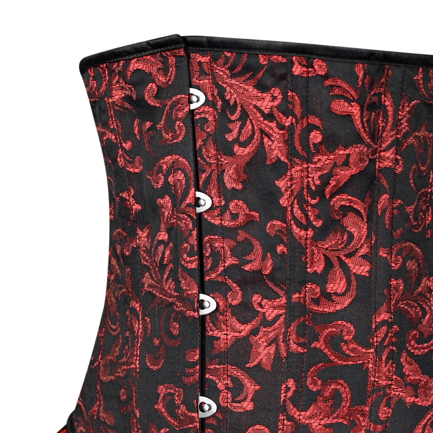 Red and Black Victorian Brocade Overbust Corset with Bustle Skirt