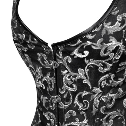 Black & Silver Brocade Corset with Shoulder Straps