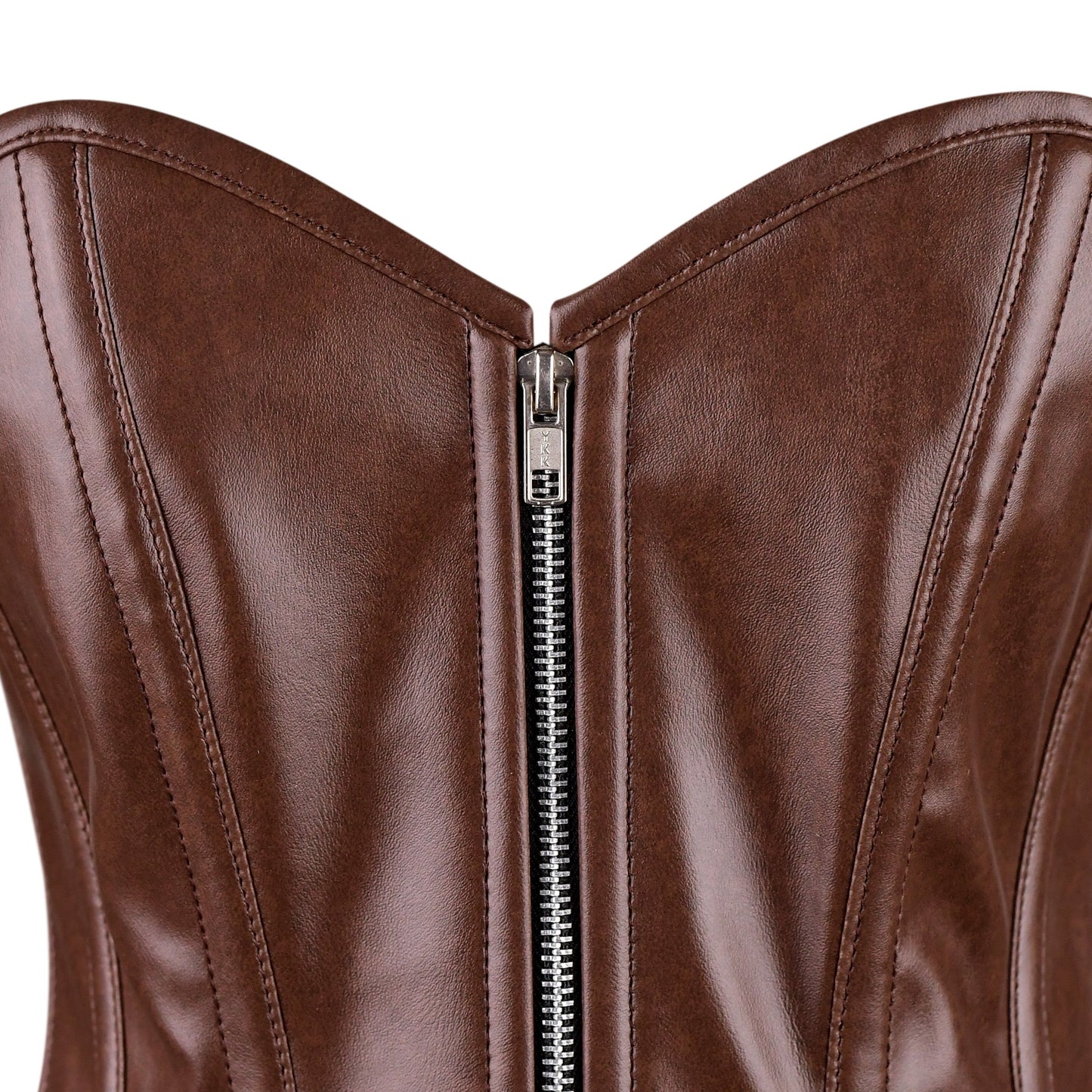 Brown Faux Leather Gothic Overbust Corset with Lace-Up Sides & Zip Front