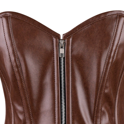 Brown Faux Leather Gothic Overbust Corset with Lace-Up Sides & Zip Front