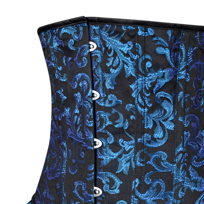 Blue and Black Victorian Brocade Overbust Corset with Bustle Skirt