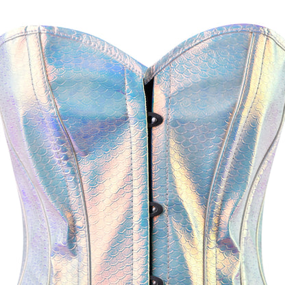 Iridescent Mermaid-Scale Overbust Corset (Silver-Blue Holo)