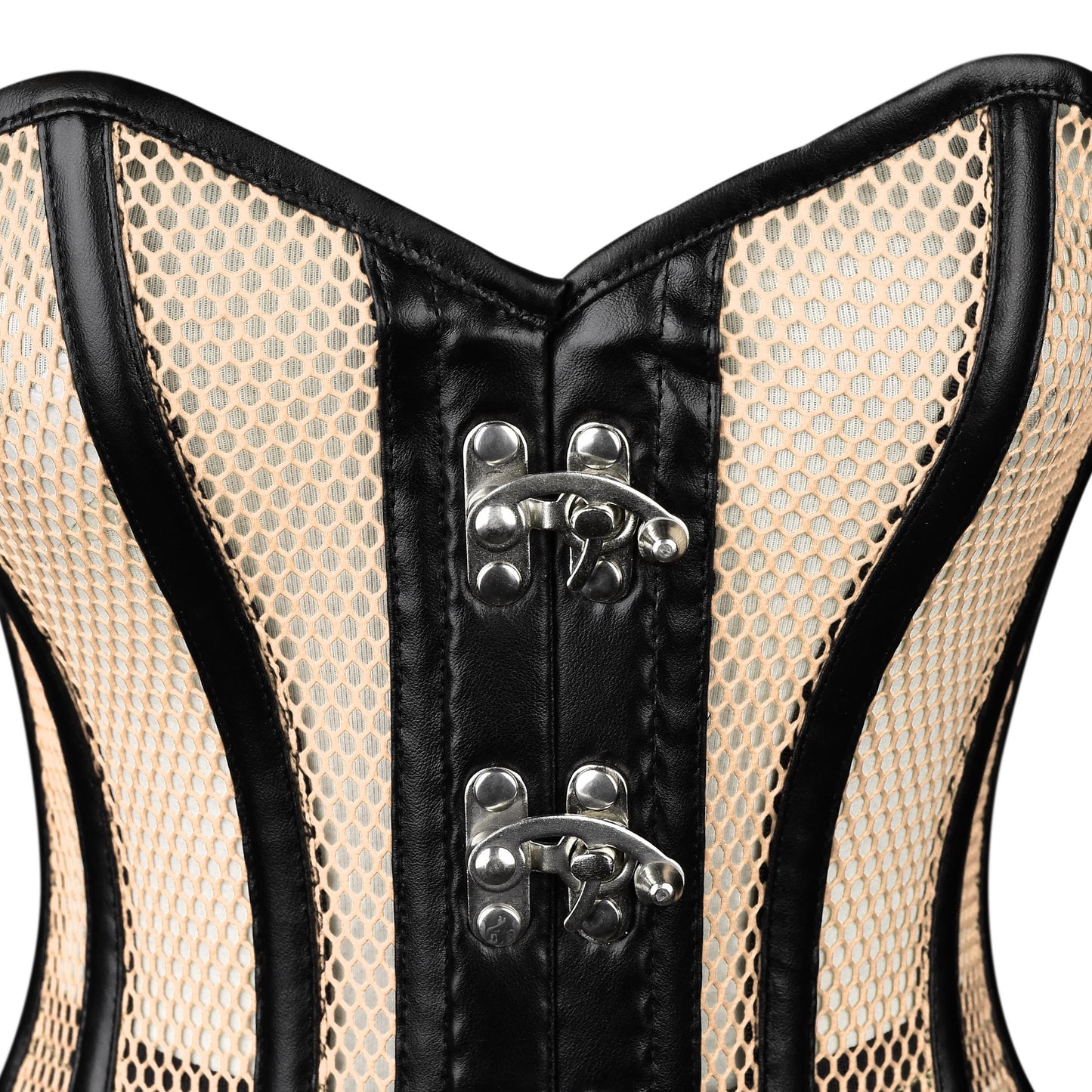 Handmade Nude Mesh Black Faux Leather Steel Busk Overbust Corset