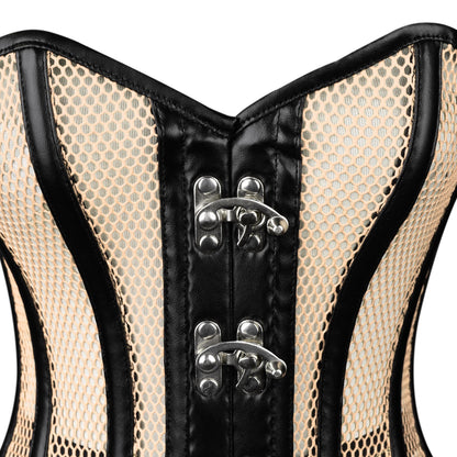 Handmade Nude Mesh Black Faux Leather Steel Busk Overbust Corset