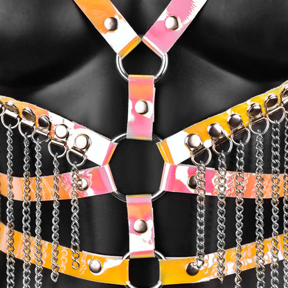 Yellow Iridescent Leather Harness with Chain Fringe
