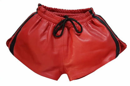 Men Red Real Leather Shorts w/ Elastic Band