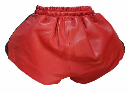 Men Red Real Leather Shorts w/ Elastic Band