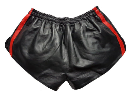 Men Black Real Leather Shorts w/ Elastic Band