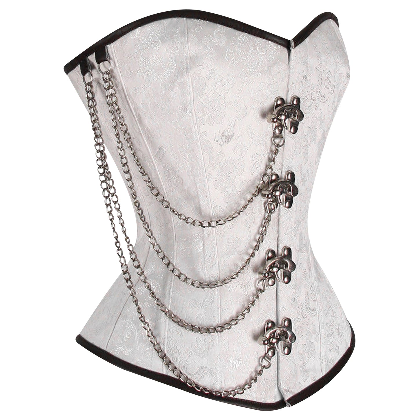 Steel Boned White Brocade Overbust corset w/ Front Clasps and Chains