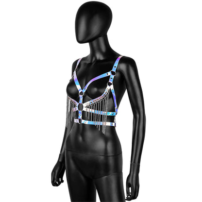 Holographic Leather Harness with Chain Fringe