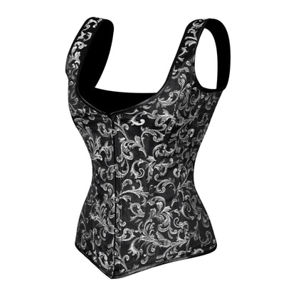 Black & Silver Brocade Corset with Shoulder Straps