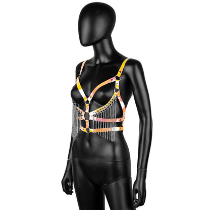 Yellow Iridescent Leather Harness with Chain Fringe