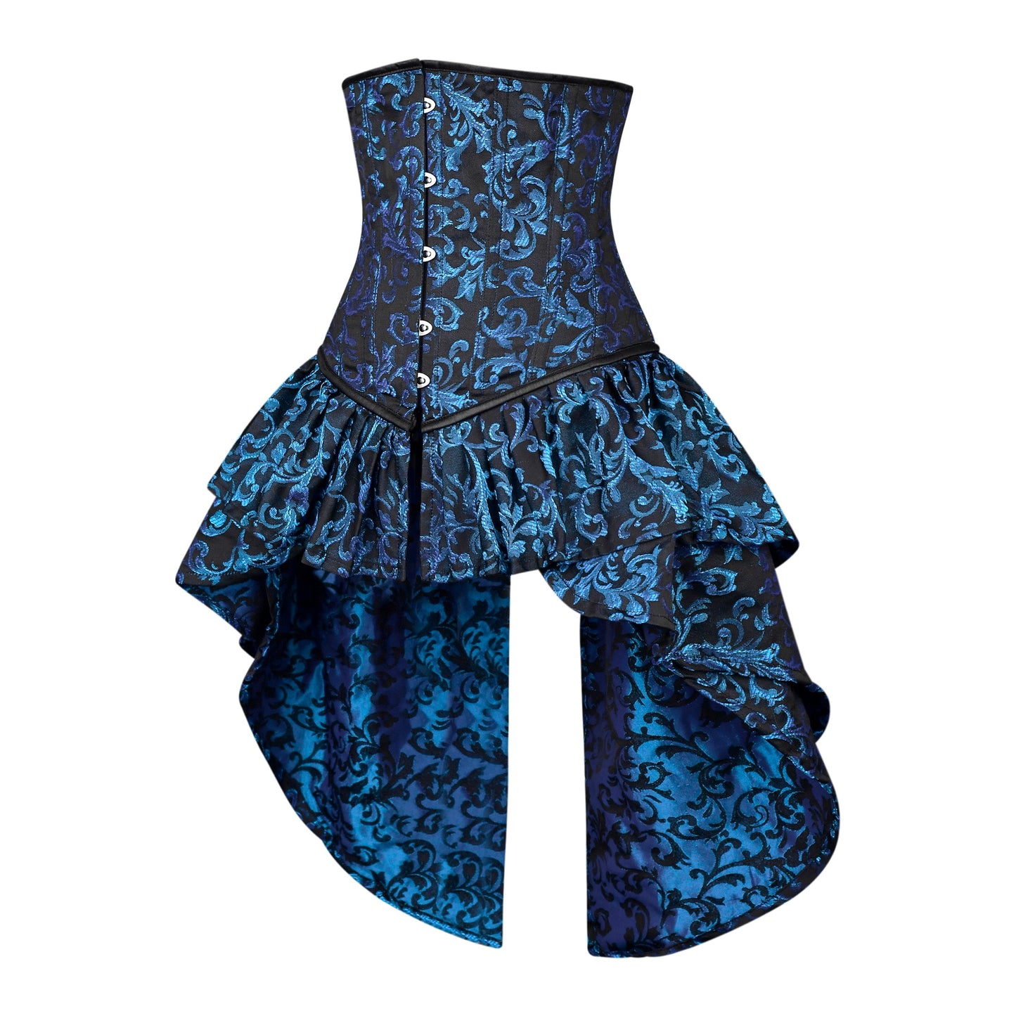 Blue and Black Victorian Brocade Overbust Corset with Bustle Skirt