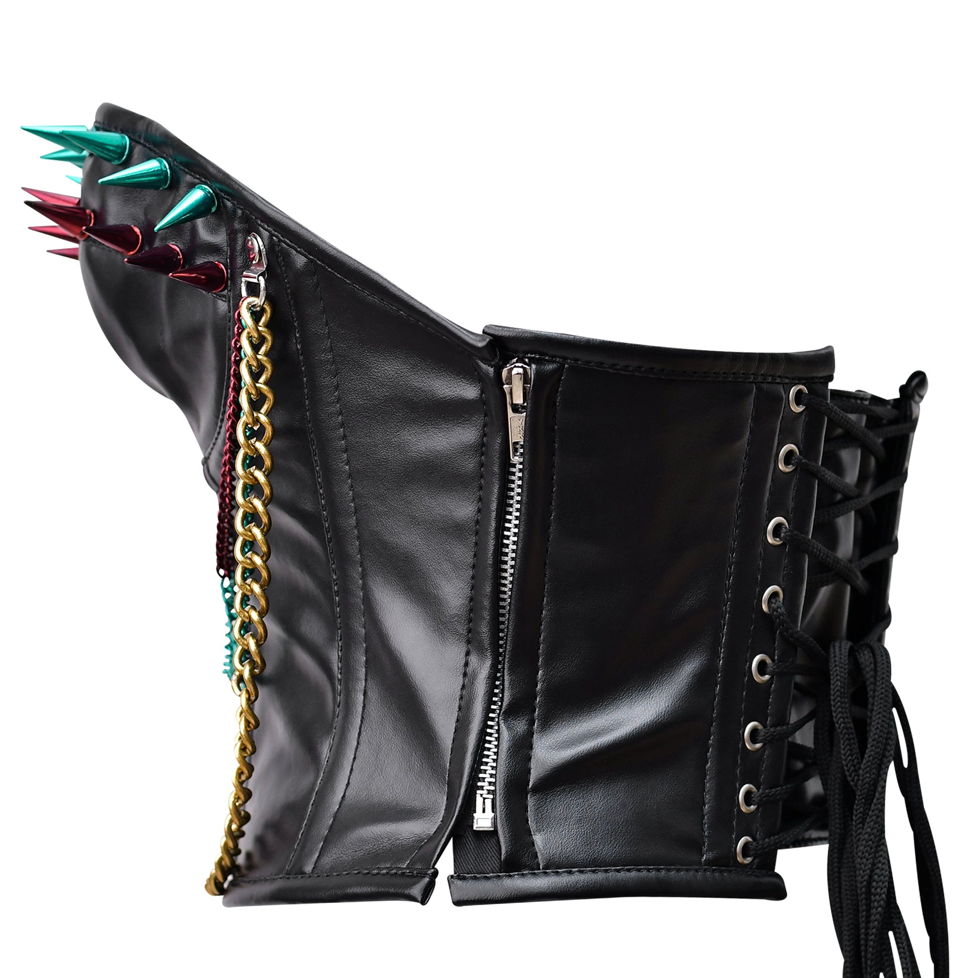 Steampunk steel boned faux leather bustier with bullet spikes, offering waist reduction and back support, perfect for creating a flattering silhouette.