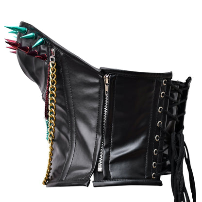 Steampunk steel boned faux leather bustier with bullet spikes, offering waist reduction and back support, perfect for creating a flattering silhouette.