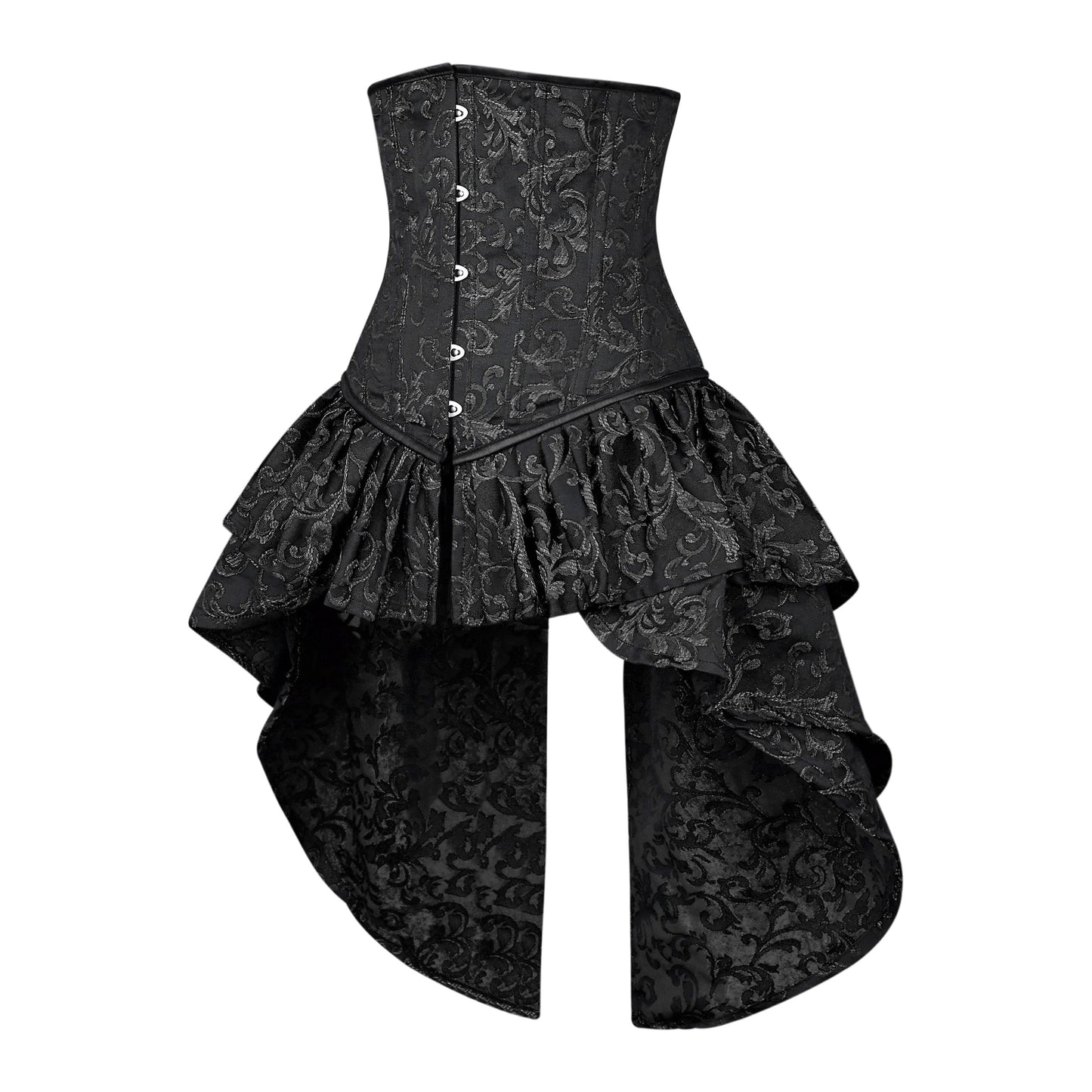 Black and Silver Victorian Brocade Overbust Corset with Bustle Skirt