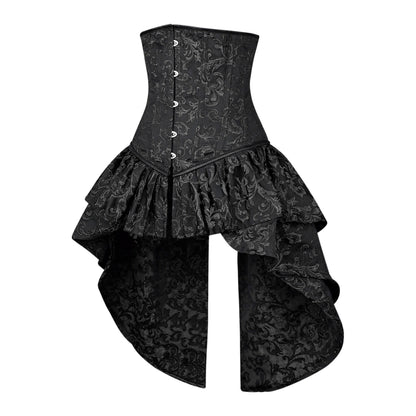 Black and Silver Victorian Brocade Overbust Corset with Bustle Skirt