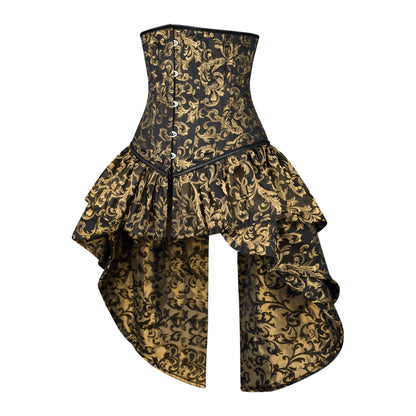 Gold and Black Victorian Brocade Overbust Corset with Bustle Skirt