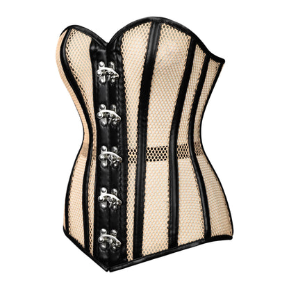 Handmade Nude Mesh Black Faux Leather Steel Busk Overbust Corset