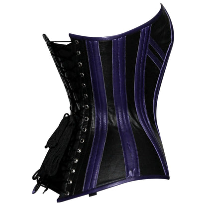 Handmade Black Purple Real Leather Steampunk Steel Boned Overbust Corset