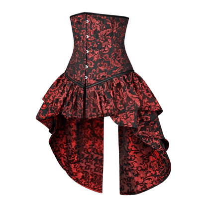 Red and Black Victorian Brocade Overbust Corset with Bustle Skirt