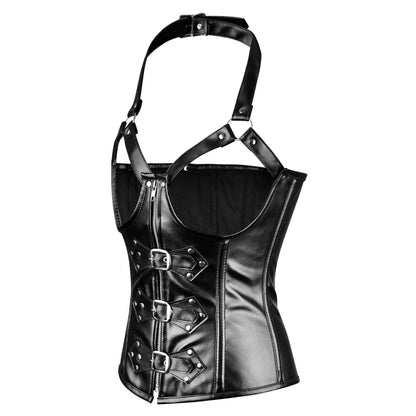Handmade Black Steampunk Leather Steel Boned Halter Overbust Corset