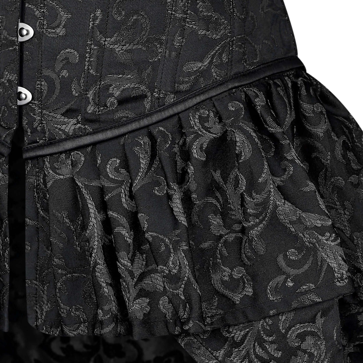 Black and Silver Victorian Brocade Overbust Corset with Bustle Skirt