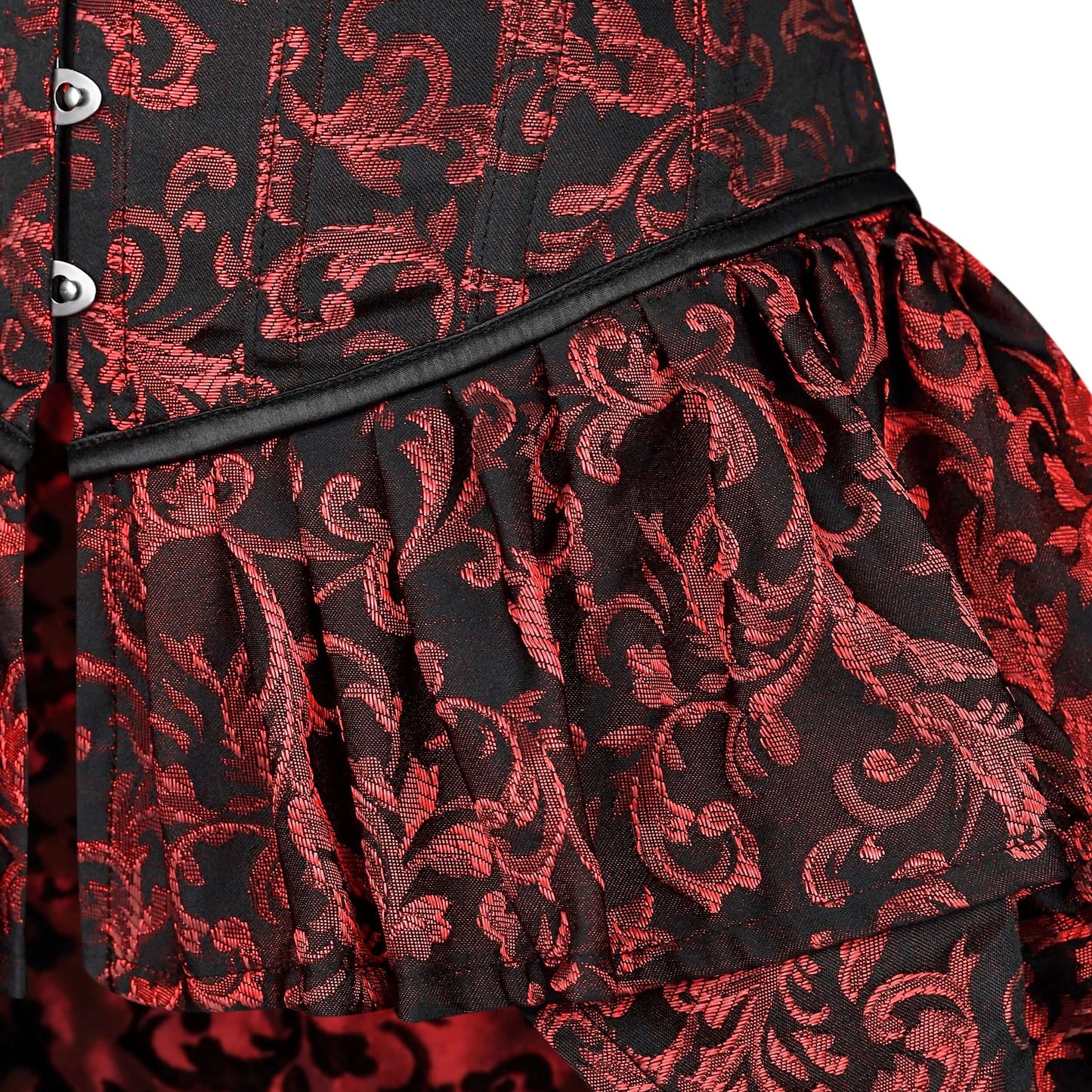 Red and Black Victorian Brocade Overbust Corset with Bustle Skirt